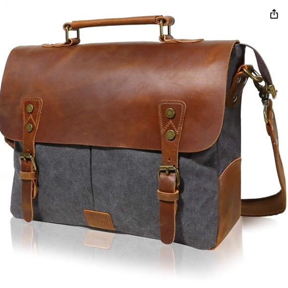 Lifewit Other - Genuine Leather Men's Messenger Bag Grey Brown Long Shoulder Strap